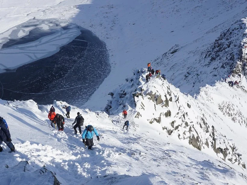 people on snow covered ridge