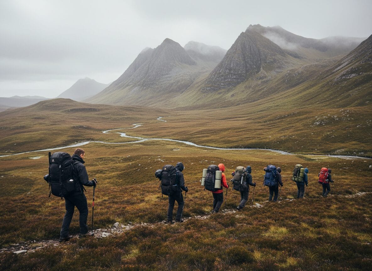 Hikers trekking through mountainous landscape.