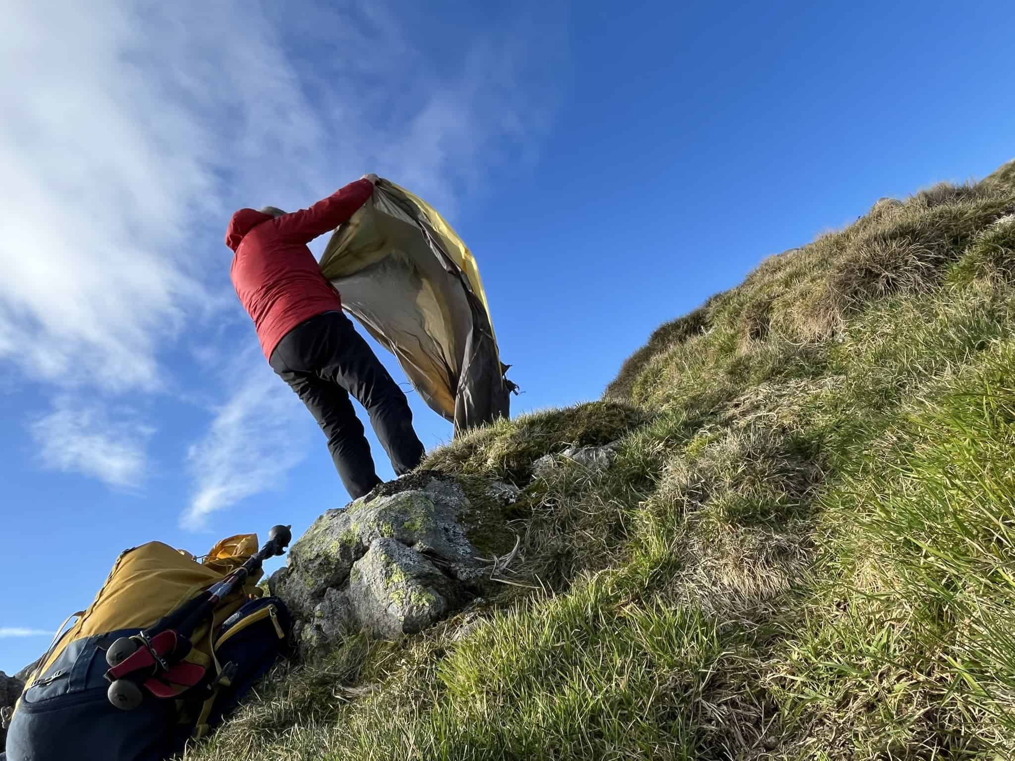 Mountain backpacking scene from a UK wild camping journey