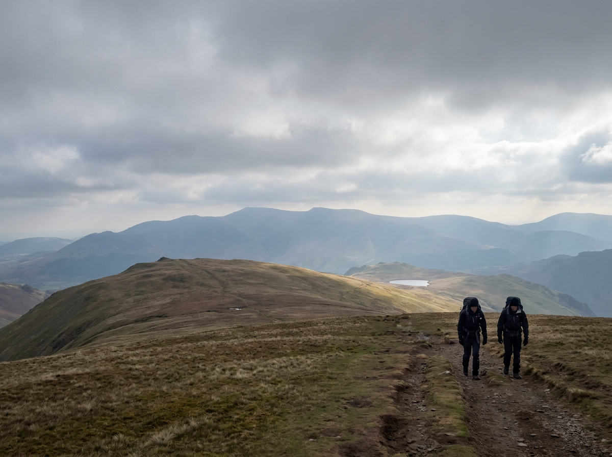 Walkers on Blencathra ridge during a guided Northern Fells wild camping adventure