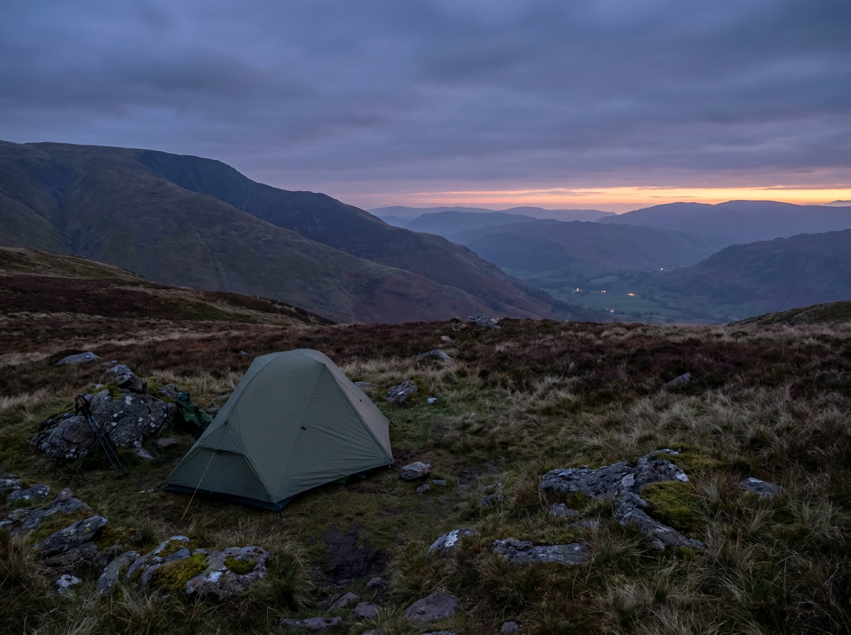 Wild camp at dusk in the Northern Lake District fells
