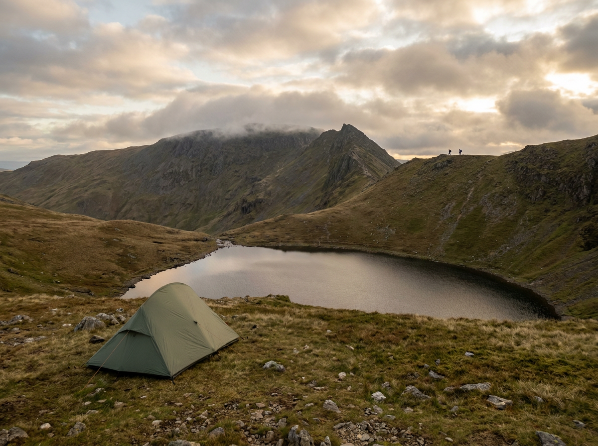 A lightweight tent pitched near Red Tarn during a Lake District wild camping trip