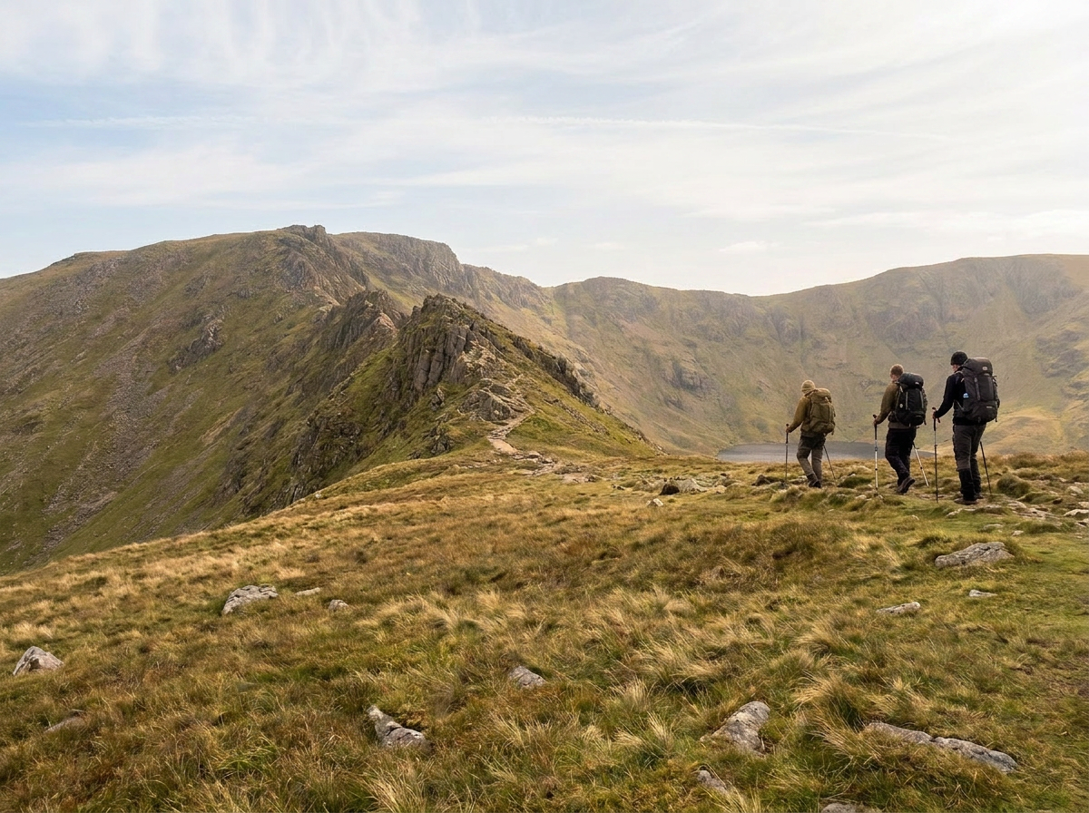 Walkers on Helvellyn ridge terrain during a guided Lake District wild camping adventure