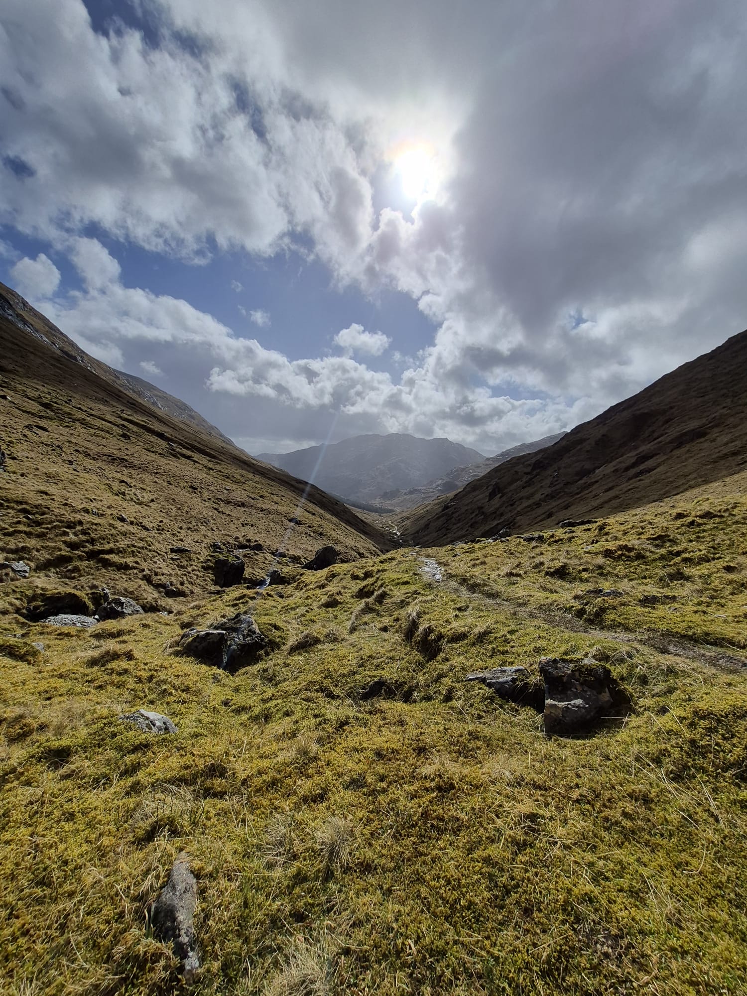Wide mountain valley in Knoydart with dramatic light and rugged Highland terrain