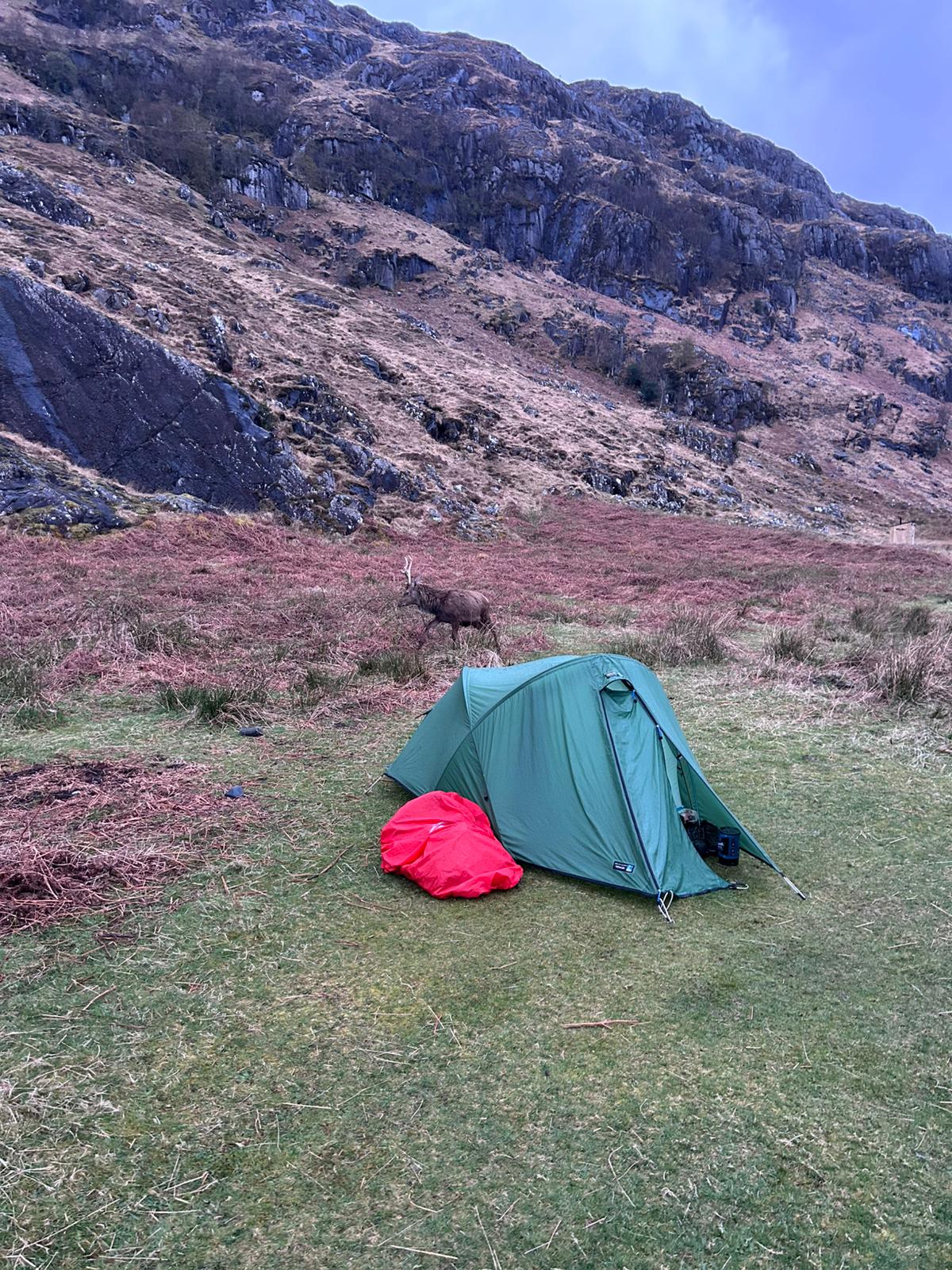 Wild camping tent pitched in a remote Knoydart glen during a multi-day trek