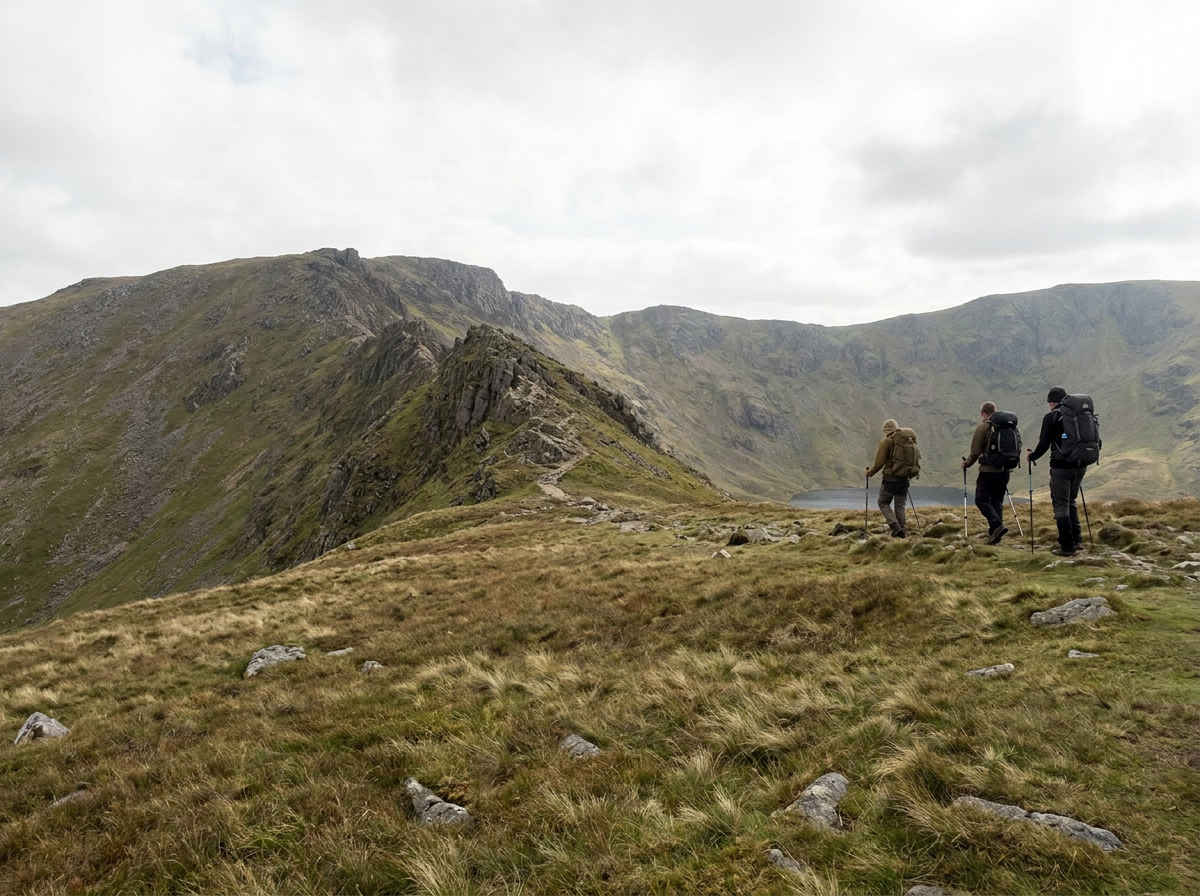 Walkers moving through the Helvellyn area with Red Tarn and the Lake District fells beyond