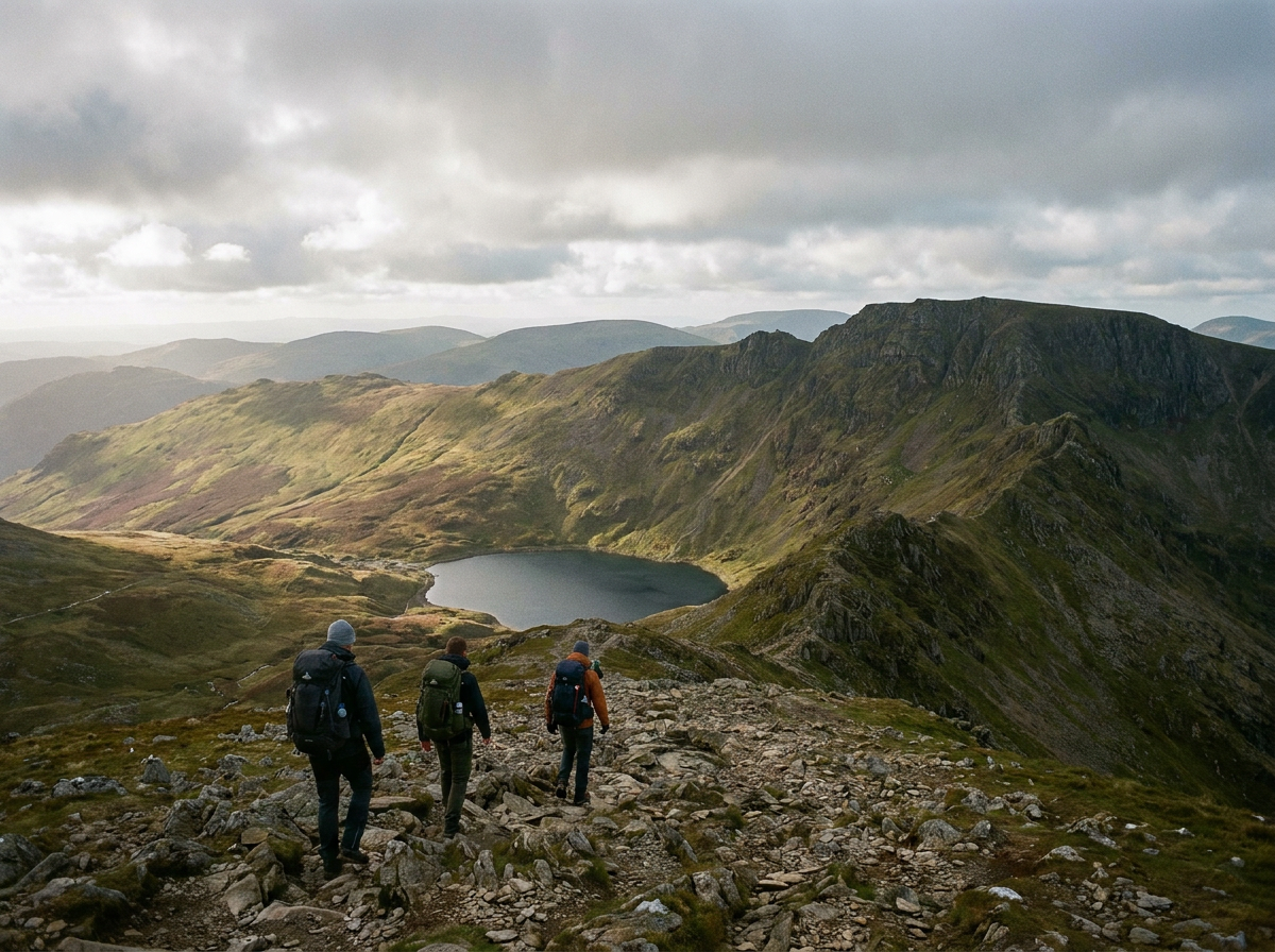 Small group walking in the Helvellyn range carrying rucksacks